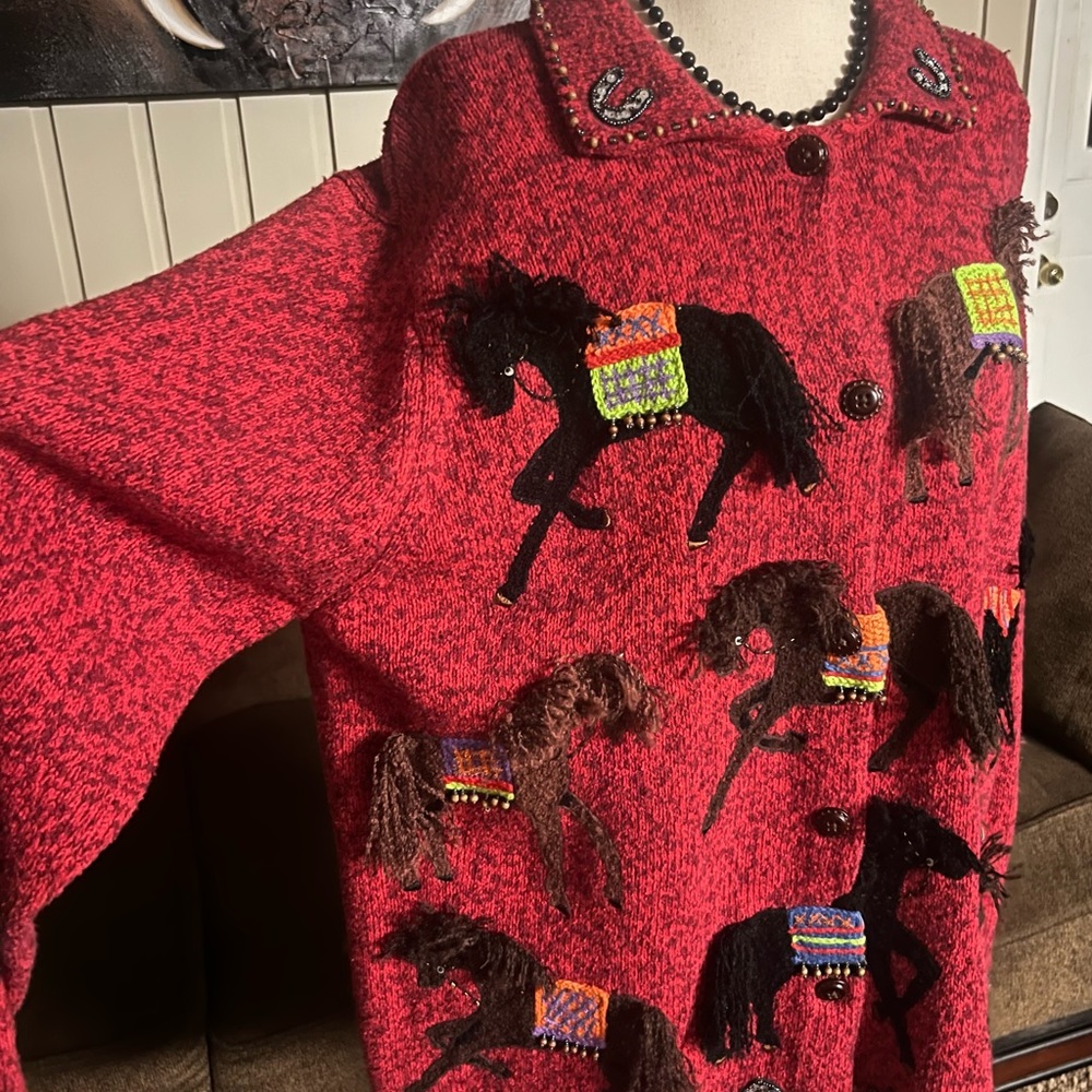 Designs Options By Gordon ~ X-Large ~ Red/Brown ~ Western/ Horse ~ Sweater ~ New - Picture 15 of 16